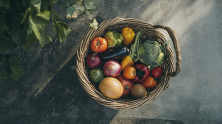 Top view of basket filled with fresh vegetables and fruits, with ample space for messagesの素材