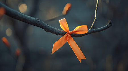 Orange ribbon tied on a branch, symbolizing remembrance and awareness, with ample copy spaceの素材