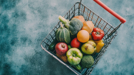 Top view of colorful produce in a shopping basket, with copy space for grocery-themed textの素材