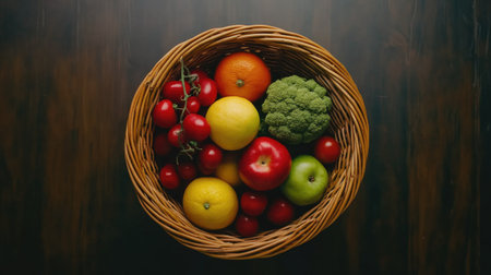 Top view of basket filled with fresh vegetables and fruits, with ample space for messagesの素材