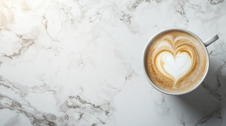 Top view of cappuccino with heart foam art on marble, with copy spaceの素材