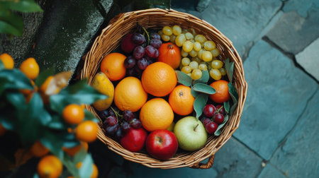 Top view of basket filled with healthy fruits and vegetables, with ample space for messagesの素材