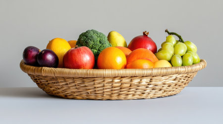 Vibrant fruits and vegetables in a basket on a light surface, with room for textの素材