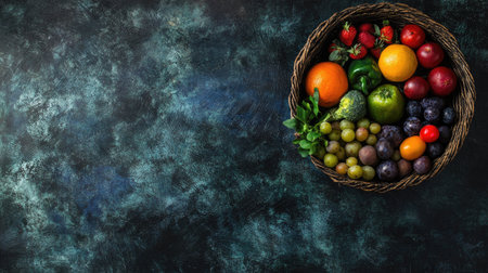 Vibrant selection of produce in a woven basket, with blank space for messagesの素材