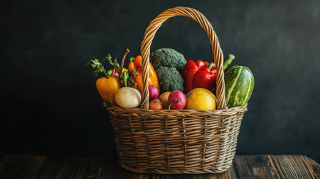 Wicker basket overflowing with healthy fruits and veggies, with space for supermarket promotion textの素材