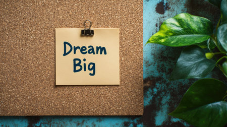 Workspace with "Dream Big" note pinned on a cork board, representing entrepreneurial vision, with copy spaceの素材