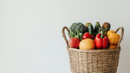 Wicker basket filled with fruits and veggies on a white background, with room for messagesの素材