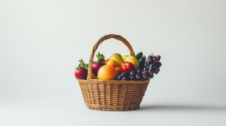 Wicker basket filled with fruits and veggies on a white background, with room for messagesの素材