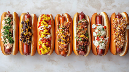 An array of gourmet festival hot dogs with unique toppings, top view, copy space, no peopleの素材