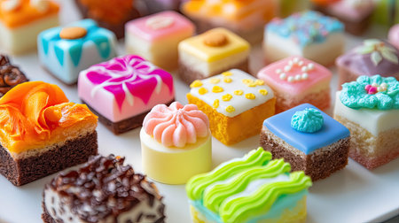 Array of petit fours with colorful icing on a plate, leaving room for Dessert Day greetingsの素材