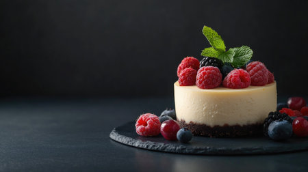 Creamy cheesecake topped with berries and mint, with ample copy space.の素材