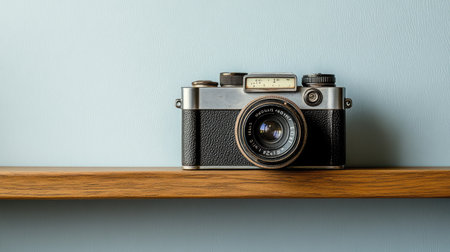 Old-fashioned camera on a wooden shelf, no people, with room for copy textの素材