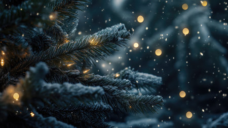 Close-up of a Christmas tree branch with sparkling lights and snow, leaving ample space for copy.の素材