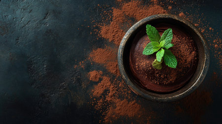 Chocolate mousse with fresh mint and cocoa powder, leaving room for copy spaceの素材