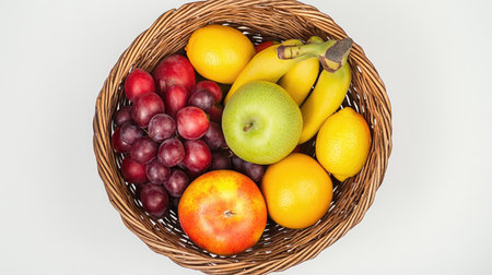 Mixed fruits and vegetables in a woven basket, top view, with room for grocery-themed copyの素材