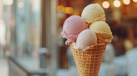 Assorted gelato flavors served in a cone with a soft background for Dessert Dayの素材