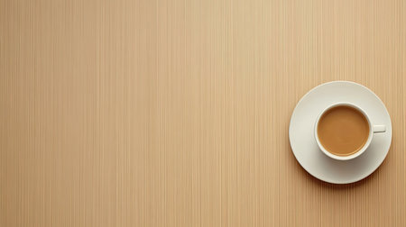 Top view of coffee and saucer on a wooden background, with blank space for textの素材
