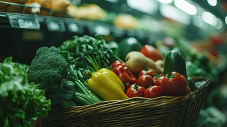 Fresh produce in a supermarket basket, with blank space for messages on nutrition and wellnessの素材