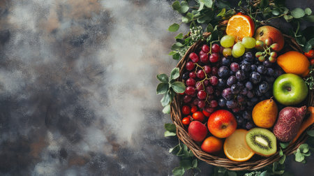 Healthy selection of fruits and vegetables in a basket, with space for copy on fresh food themesの素材