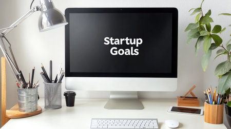 Computer screen with "Startup Goals" text on a clean desk, symbolizing entrepreneurial ideas, with ample copy spaceの素材
