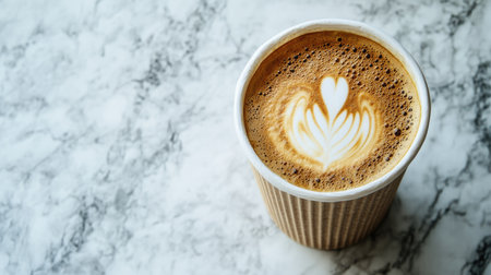 Top view of coffee cup on a marble background, with ample blank space for textの素材