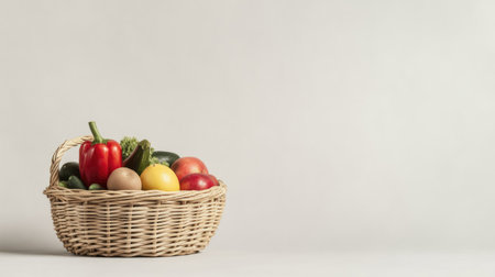 Fresh vegetables and fruits in a wicker basket, with a clean background and copy spaceの素材