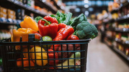 Supermarket basket overflowing with colorful vegetables and fruits, leaving room for copy spaceの素材