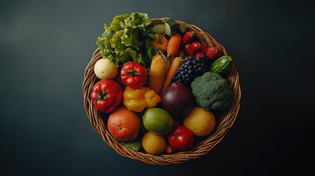 Mixed fruits and veggies in a basket, top view, with ample room for healthy eating textの素材