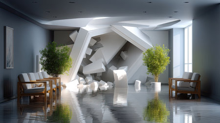 This image showcases a modern interior featuring an artistic broken structure, complemented by calming furniture and greenery, creating a unique atmosphere.の素材