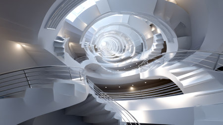 An artistic representation of a spiraling staircase showcasing modern architecture in a bright, airy setting. Light plays over smooth surfaces and elegant lines.の素材