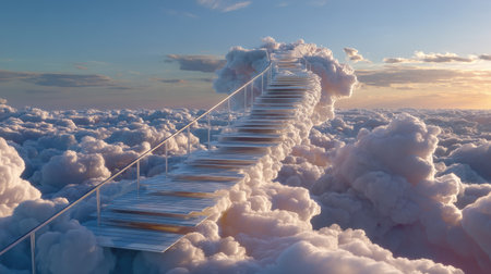 This stunning image features a delicate staircase ascending through fluffy clouds, capturing a surreal journey toward the vibrant sunset. A dreamlike landscape invites reflection and wonder.の素材