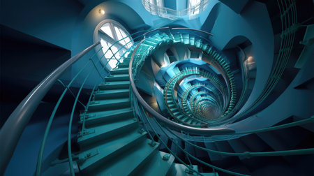 Discover a captivating spiraling staircase showcasing modern architectural design. The interplay of blue tones and soft lighting enhances the visual depth and symmetry, inviting exploration and admiration.の素材
