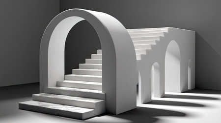 This striking image features a contemporary architectural installation showcasing white stairs and arches, creating a minimalist and elegant atmosphere.の素材