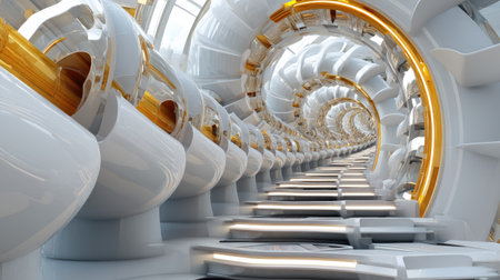 This captivating image features a futuristic spiral tunnel showcasing smooth curves and luminous gold accents. The modern design highlights innovation and creativity.の素材