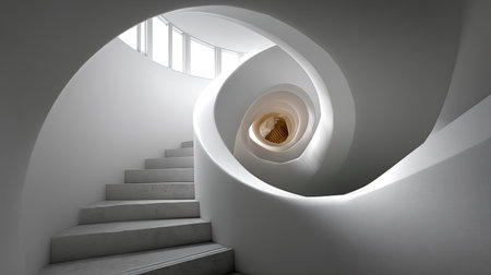 This image showcases a stunning modern spiral staircase featuring elegant curves and minimalist design. The soft lighting enhances the architectural beauty, drawing the viewer into a serene and harmonious space.の素材