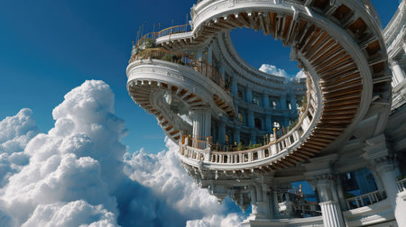 This stunning image captures an extraordinary spiral staircase that seemingly ascends through fluffy clouds, set against a vibrant blue sky, inviting viewers into a mesmerizing architectural dreamscape.の素材
