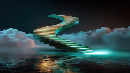 A captivating image of a surreal staircase rising above fluffy clouds, illuminated with glowing lights, creating a mystical and dreamy atmosphere at night.の素材