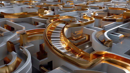 This striking 3D abstract representation of a maze features illuminated paths and metallic surfaces, perfect for diverse creative projects and backgrounds.の素材