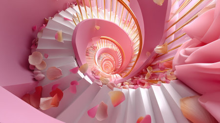 A stunning spiral staircase with soft pinks and golden accents, scattered with delicate petals. This captivating scene evokes elegance and romance.の素材