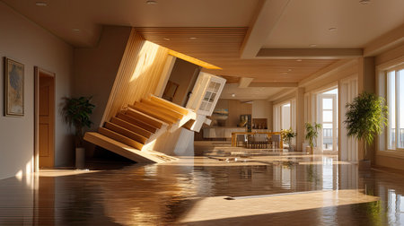 A stunning modern interior showcasing a unique tilted staircase, bright natural light, and stylish wooden elements. This open concept design harmonizes tranquility and innovation.の素材