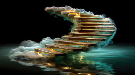 This captivating image features a winding wooden staircase emerging from a mystical fog, illuminated by radiant light, creating a dreamlike atmosphere that invites exploration and wonder.の素材