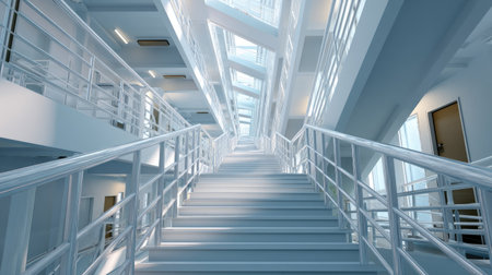 This image showcases a stunning modern staircase within a minimalist office environment, featuring bright lighting and sleek design elements.の素材