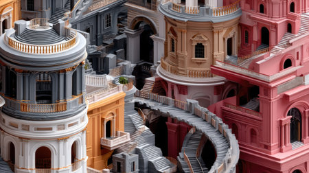 A visually striking representation of intricate architectural structures featuring colorful towers and detailed staircases, creating a surreal and imaginative scene.の素材