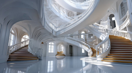 Explore a stunning grand staircase that embodies elegance and luxury. This interior features a spacious layout with intricate white detailing and soft natural light, creating a serene and inviting atmosphere perfect for artistic inspiration.の素材