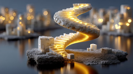 This captivating image features an illuminated spiral staircase on a textured base, showcasing modern architecture and creative innovation in abstract art.の素材