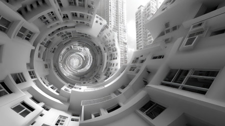 This striking image captures a spiral view of a modern residential building, showcasing the intricate architecture and geometric designs in monochrome.の素材