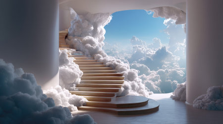 This stunning image features a mystical staircase made of wood that leads into a sky filled with soft clouds. The scene evokes tranquility and dreams, creating a perfect backdrop for imaginative themes.の素材