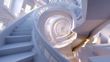 This striking image features a spiral staircase set within a modern architectural space. The intricate design and soft white tones create a tranquil and elegant atmosphere, captivating the viewer's imagination.の素材