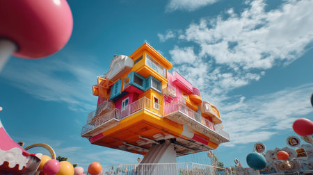 Explore a unique upside-down house at an amusement park, showcasing vibrant colors and whimsical architecture against a bright blue sky, perfect for fun and adventure.の素材
