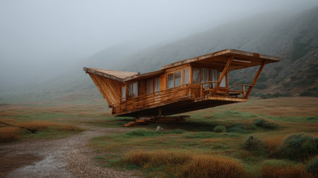 This captivating image showcases a unique modern wooden house appearing to float in a misty landscape. Surrounded by lush green grass and gentle hills, this contemporary design embodies isolation and tranquility.の素材